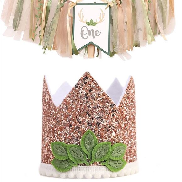 Woodland First Birthday Decorations ONE high chair banner and gold sparkly crown - Picture 9 of 9